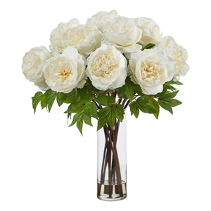 Nearly Natural 22&quot Artificial Peony Arrangement w/ Cylinder Glass Vase in White