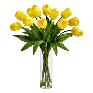 Nearly Natural 23&quot Artificial Tulip Arrangement w/ Cylinder Glass Vase in Yellow