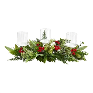 Nearly Natural 20&quot Holiday Winter Greenery and Berries Triple Candle Holder