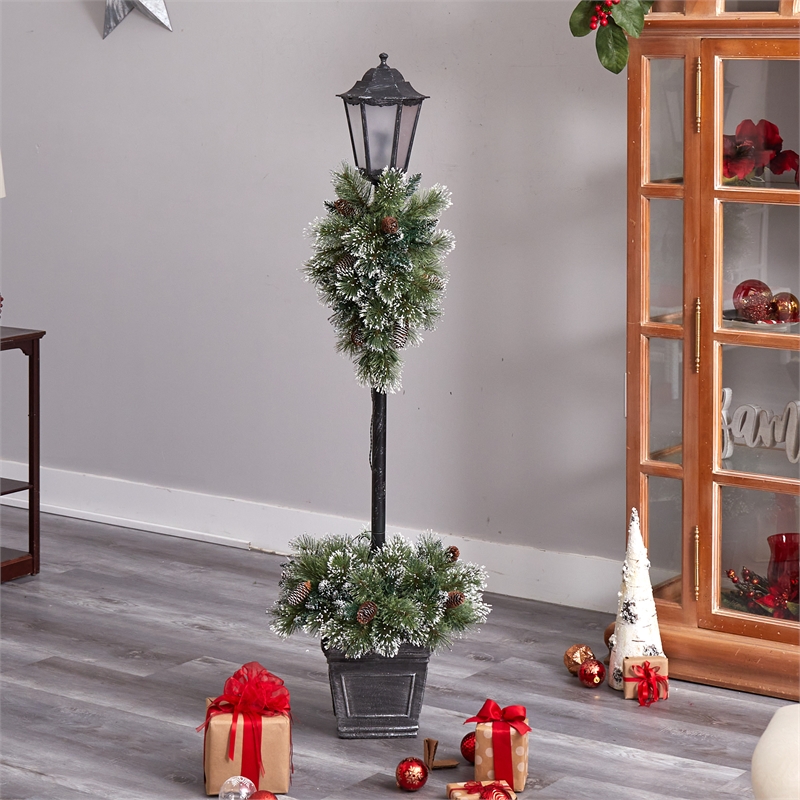 Nearly Natural 5ft Holiday Pre-lit Decorated Lamp Post w/ Greenery Container