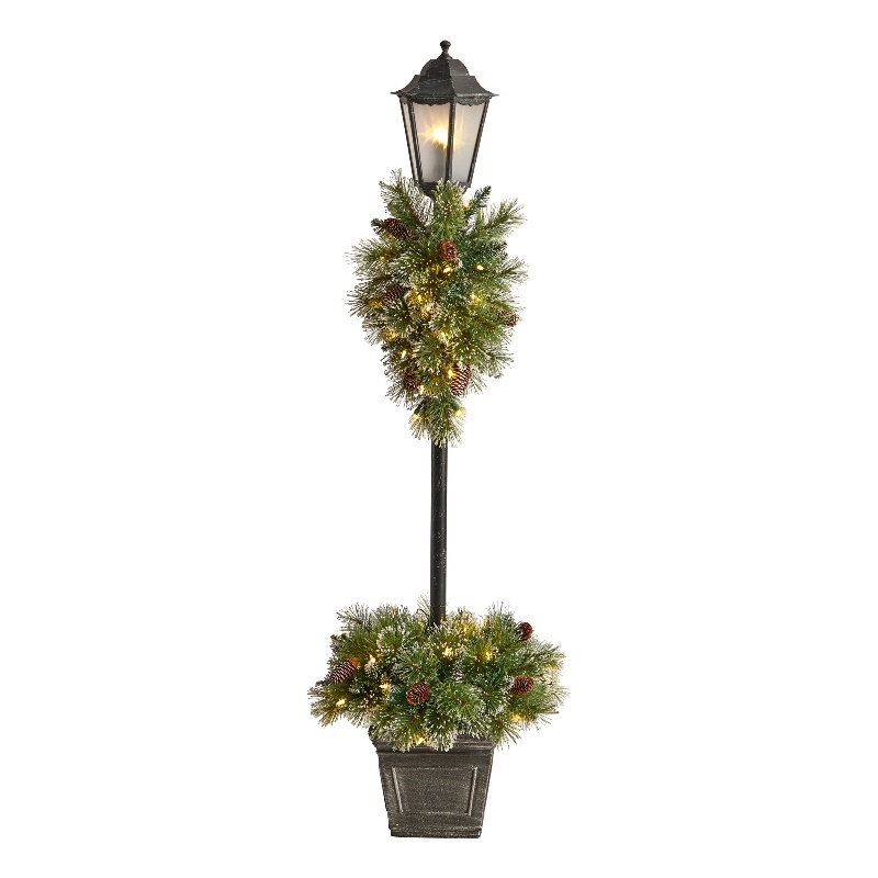 Nearly Natural 5ft Holiday Pre-lit Decorated Lamp Post w/ Greenery Container