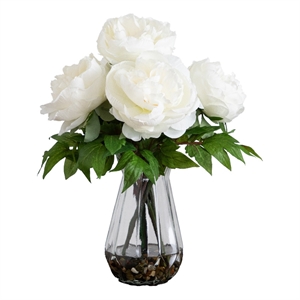 Nearly Natural 16&quot Artificial Peony Arrangement in Glass Vase in White