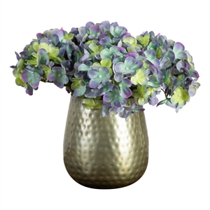 Nearly Natural 11&quot Artificial Hydrangea Arrangement in Gold Metal Vase in Blue