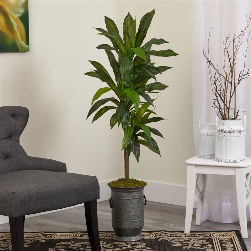 Nearly Natural 4ft Dracaena Artificial Plant in Vintage Metal Planter