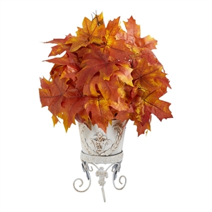 Nearly Natural 20&quot Autumn Maple Leaf Artificial Plant in Metal Planter in Orange