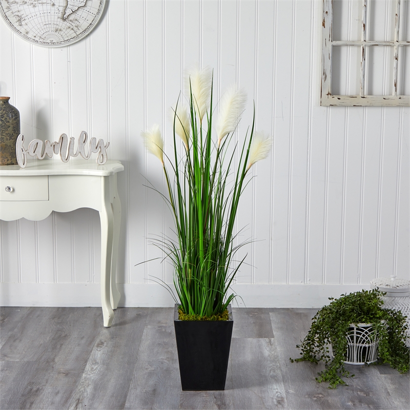 Nearly Natural 4.5ft Wheat Plume Grass Artificial Plant in Black Metal Planter