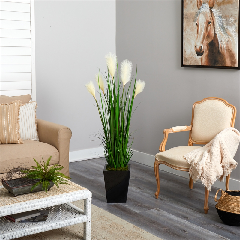 Nearly Natural 4.5ft Wheat Plume Grass Artificial Plant in Black Metal Planter
