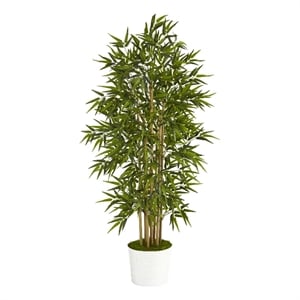 Nearly Natural 64&quot Bamboo Artificial Tree in White Tin Planter in Green