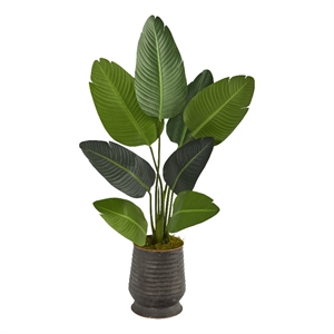 Nearly Natural 50&quot Travelers Palm Artificial Tree in Ribbed Metal Planter
