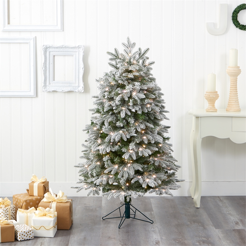 Nearly Natural 5ft Flocked Colorado Mountain Fir Christmas Tree w/300 WarmWhite