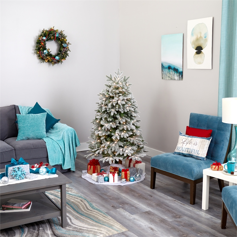 Nearly Natural 5ft Flocked Colorado Mountain Fir Christmas Tree w/300 WarmWhite