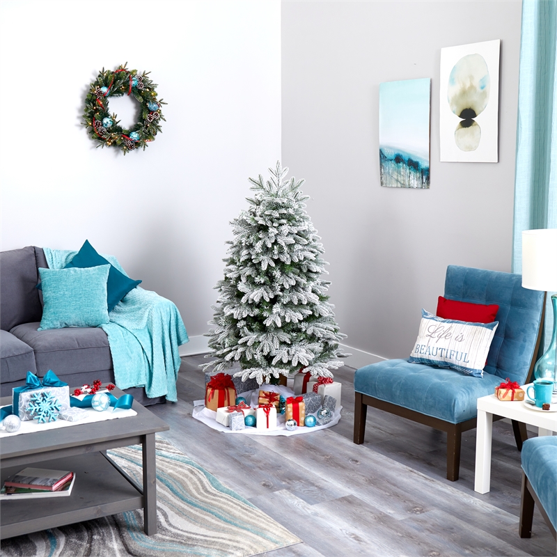 Nearly Natural 5ft Flocked Colorado Mountain Fir Christmas Tree w/300 WarmWhite