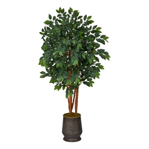 Nearly Natural 57&quot Sakaki Artificial Tree in Ribbed Metal Planter in Green