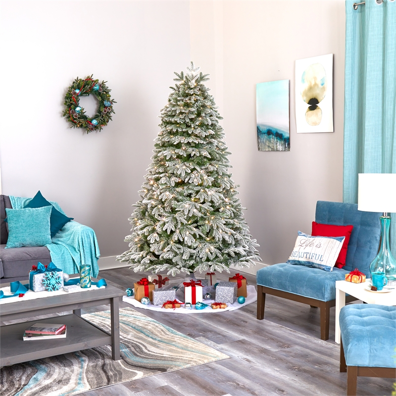 Nearly Natural 7ft Flocked Colorado Mountain Fir Christmas Tree w/700 Warm White