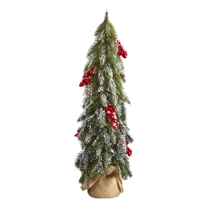 Nearly Natural 24&quot Flocked Green Christmas Artificial Tree w/Berries Pine Cones