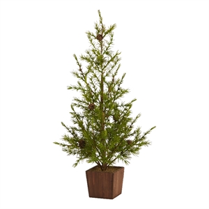 Nearly Natural 28&quot Alpine Natural Look Green Christmas Tree in Wood Planter