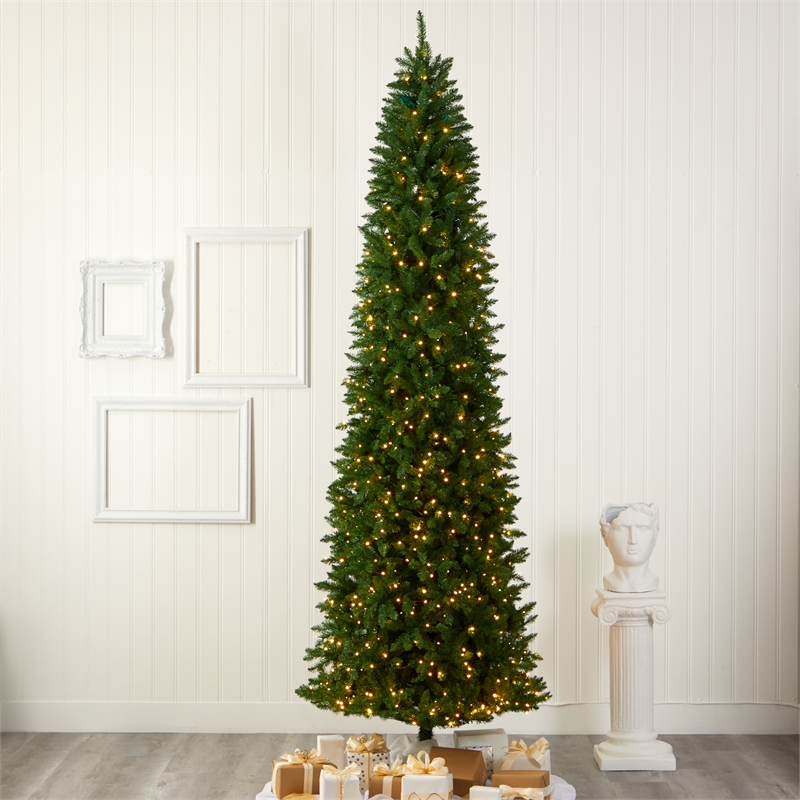 Nearly Natural 10ft Slim Green Mountain Pine Christmas Tree with 800 Clear LED