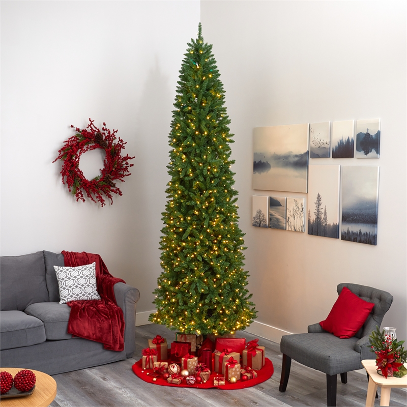 Nearly Natural 10ft Slim Green Mountain Pine Christmas Tree with 800 Clear LED