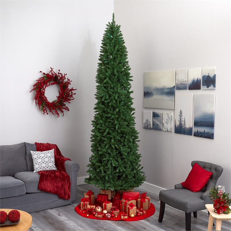 Nearly Natural 10ft Slim Green Mountain Pine Christmas Tree with 800 Clear LED