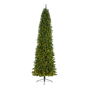 Nearly Natural 10ft Slim Green Mountain Pine Christmas Tree with 800 Clear LED