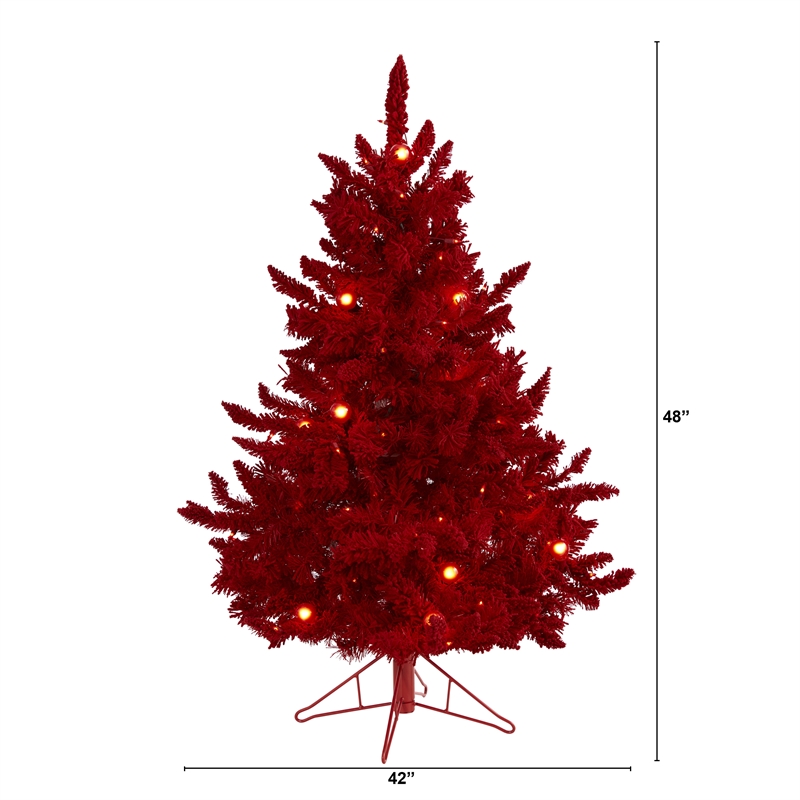 Nearly Natural 4ft Red Flocked Fraser Fir Christmas Tree with 100 Red Lights