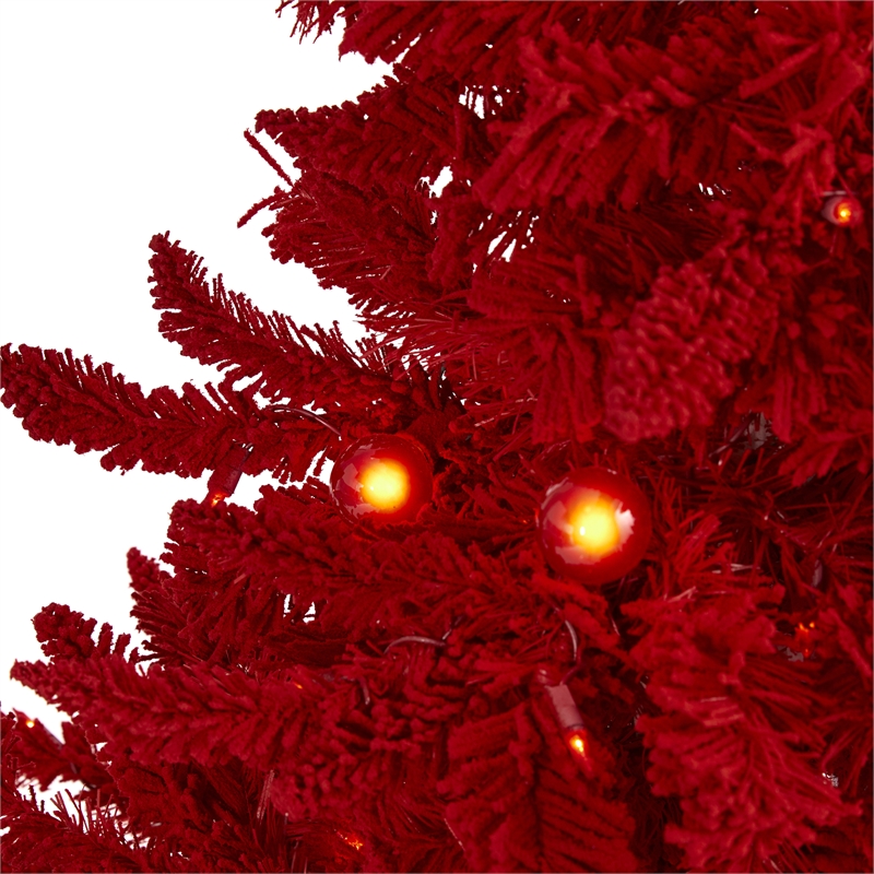 Nearly Natural 4ft Red Flocked Fraser Fir Christmas Tree with 100 Red Lights