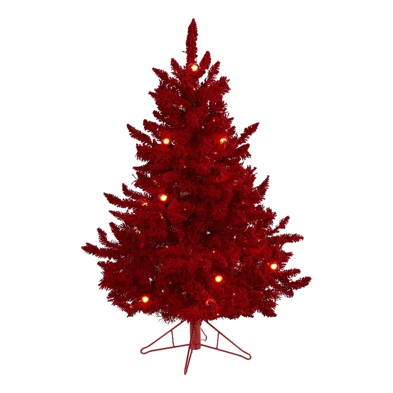Nearly Natural 4ft Red Flocked Fraser Fir Christmas Tree with 100 Red Lights