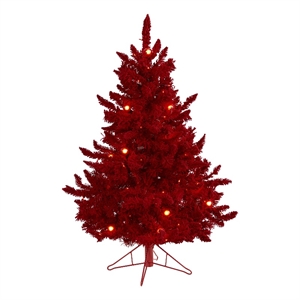 Nearly Natural 4ft Red Flocked Fraser Fir Christmas Tree with 100 Red Lights