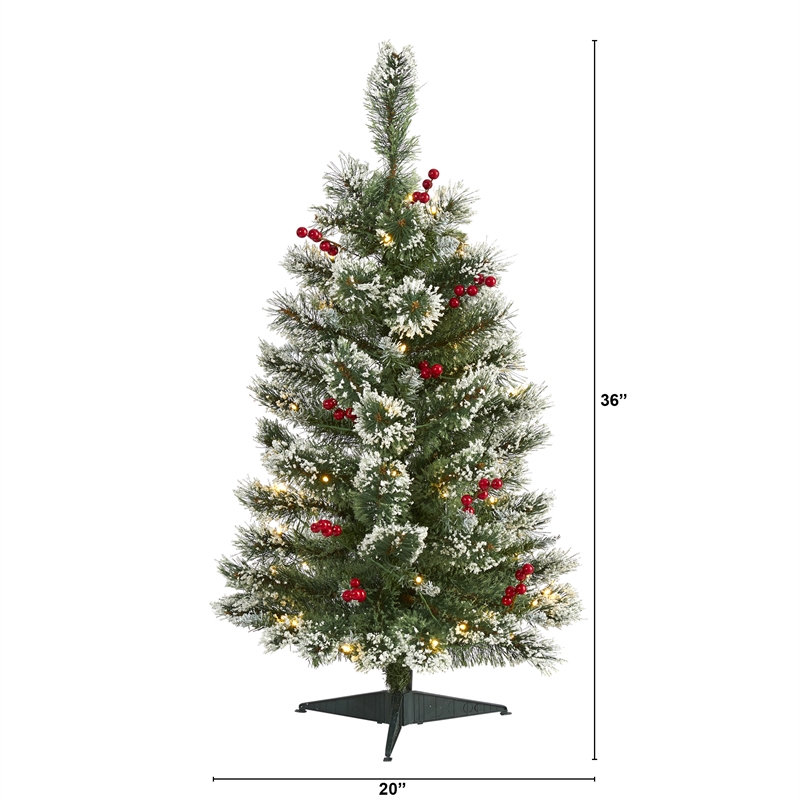 Nearly Natural 3ft Frosted Swiss Pine Christmas Tree w/50 Clear LED and Berries