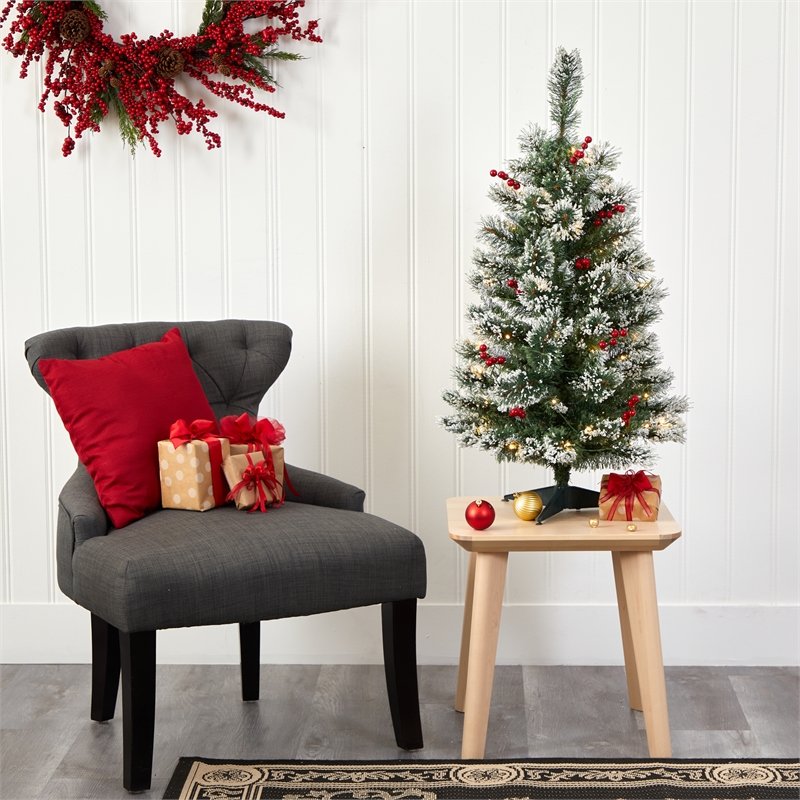 Nearly Natural 3ft Frosted Swiss Pine Christmas Tree w/50 Clear LED and Berries