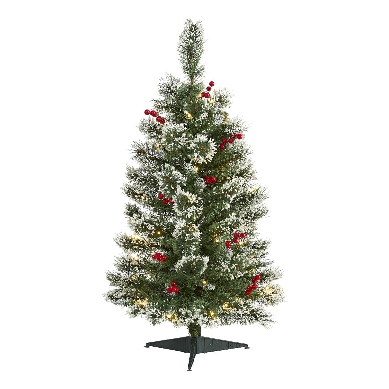 Nearly Natural 3ft Frosted Swiss Pine Christmas Tree w/50 Clear LED and Berries