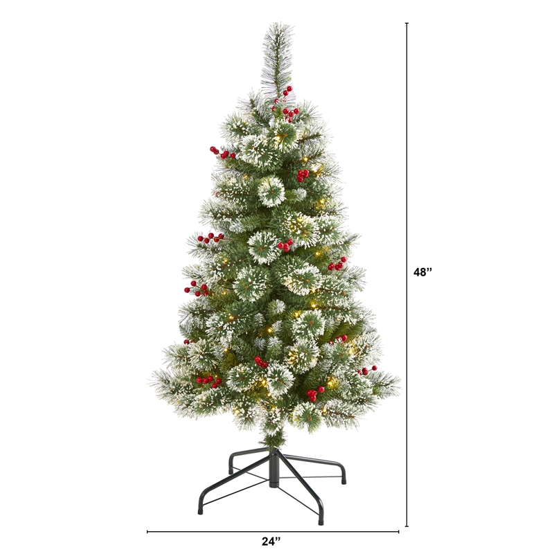 Nearly Natural 4ft Frosted Swiss Pine Christmas Tree w/100 Clear LED and Berries