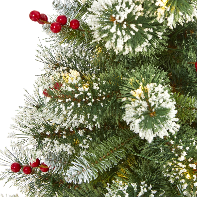 Nearly Natural 4ft Frosted Swiss Pine Christmas Tree w/100 Clear LED and Berries