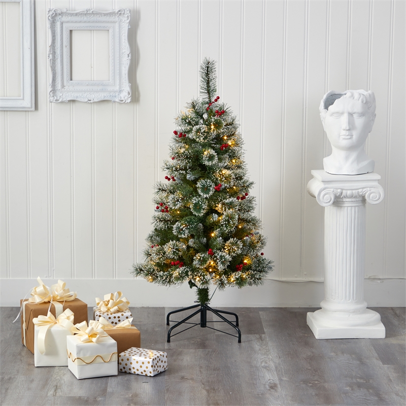 Nearly Natural 4ft Frosted Swiss Pine Christmas Tree w/100 Clear LED and Berries