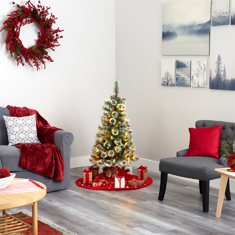 Nearly Natural 4ft Frosted Swiss Pine Christmas Tree w/100 Clear LED and Berries