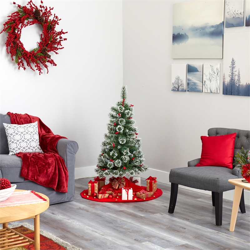 Nearly Natural 4ft Frosted Swiss Pine Christmas Tree w/100 Clear LED and Berries