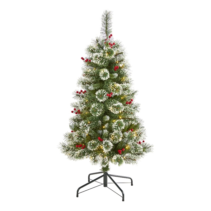 Nearly Natural 4ft Frosted Swiss Pine Christmas Tree w/100 Clear LED and Berries