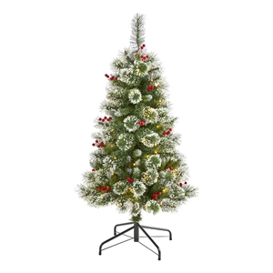 Nearly Natural 4ft Frosted Swiss Pine Christmas Tree w/100 Clear LED and Berries