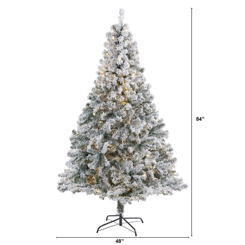 Nearly Natural 7ft Flocked Rock Springs Spruce Christmas Tree w/ 350 Clear LED
