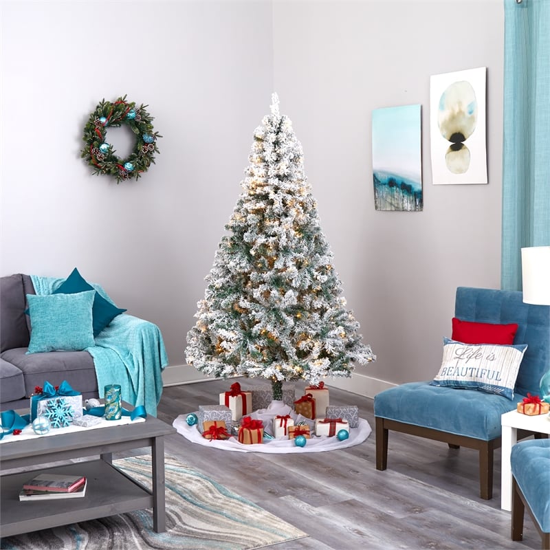 Nearly Natural 7ft Flocked Rock Springs Spruce Christmas Tree w/ 350 Clear LED