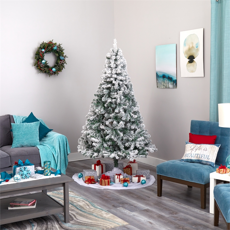 Nearly Natural 7ft Flocked Rock Springs Spruce Christmas Tree w/ 350 Clear LED