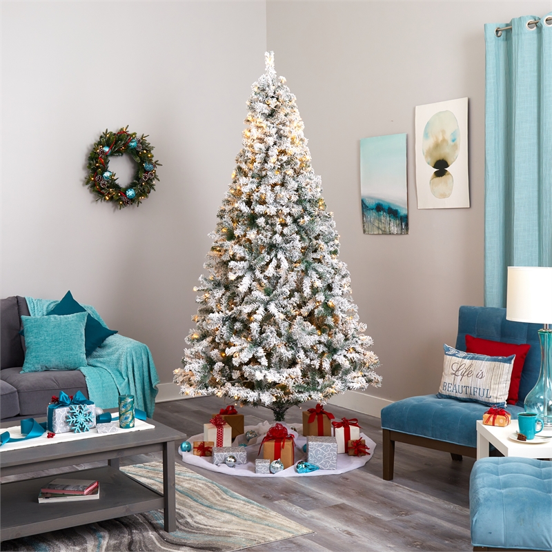 Nearly Natural 8ft Flocked Rock Springs Spruce Christmas Tree w/ 500 Clear LED