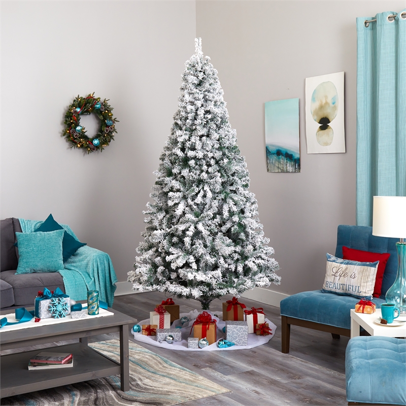 Nearly Natural 8ft Flocked Rock Springs Spruce Christmas Tree w/ 500 Clear LED