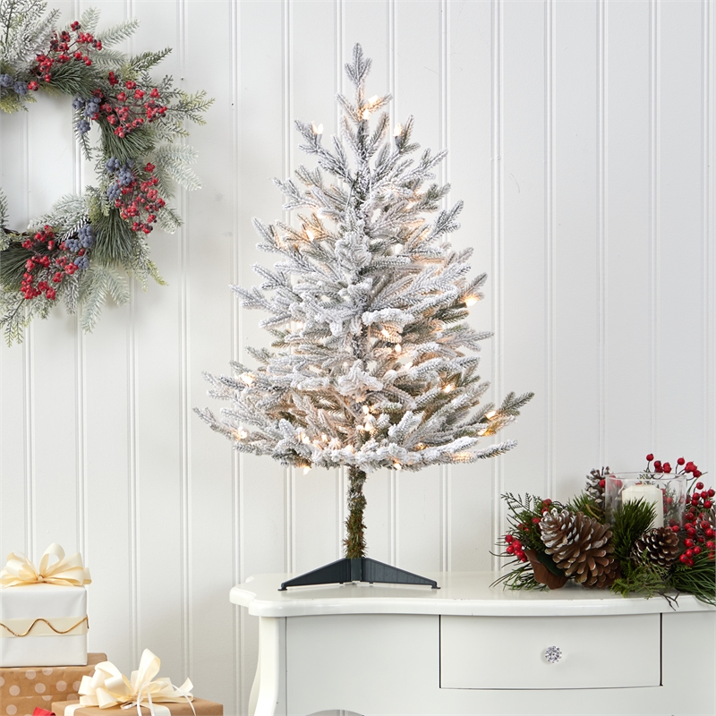 Nearly Natural 3ft Flocked Fraser Fir Christmas Tree with 200 Warm White Lights