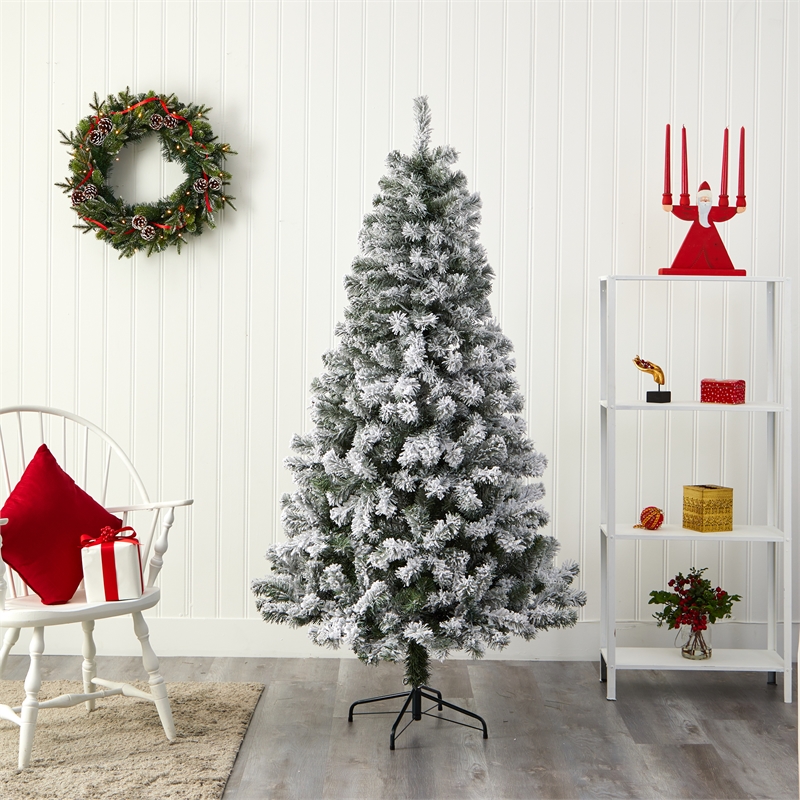 Nearly Natural 6ft Flocked West Virginia Fir Artificial Green Christmas Tree