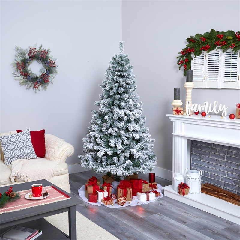 Nearly Natural 6ft Flocked West Virginia Fir Artificial Green Christmas Tree