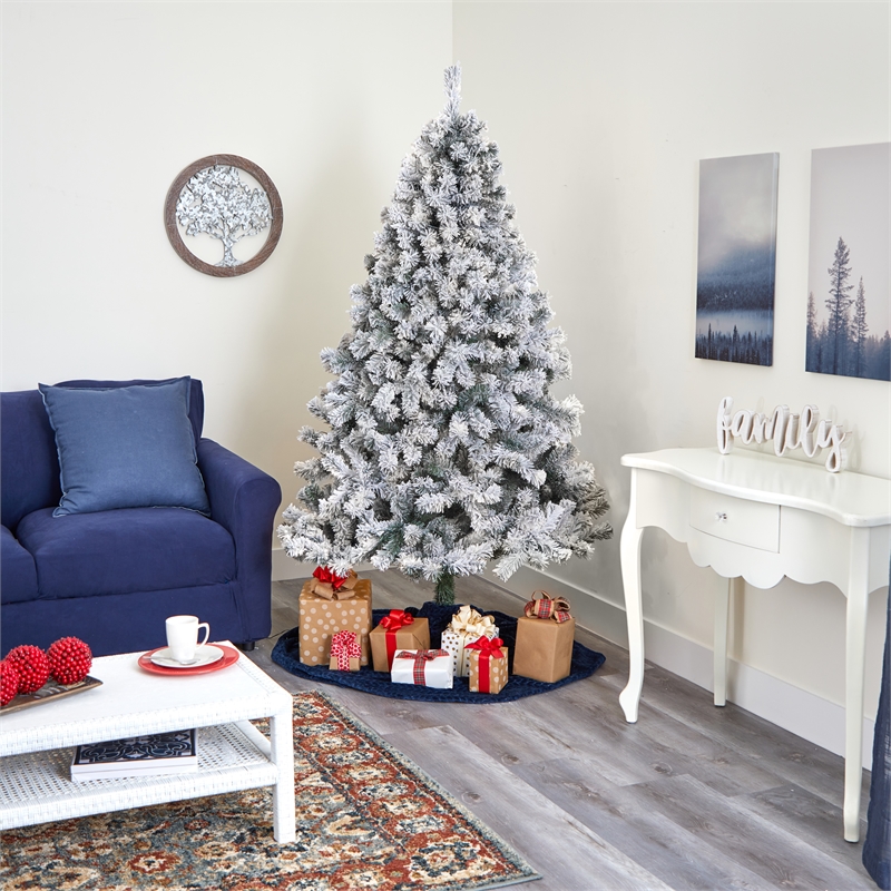Nearly Natural 7ft Flocked West Virginia Fir Artificial Green Christmas Tree