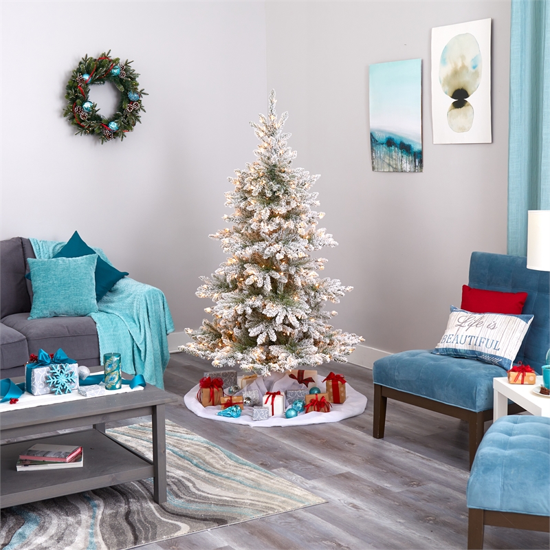 Nearly Natural 6ft Flocked West Virginia Spruce Christmas Tree w/300 Clear Light