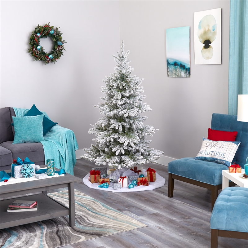 Nearly Natural 6ft Flocked West Virginia Spruce Christmas Tree w/300 Clear Light