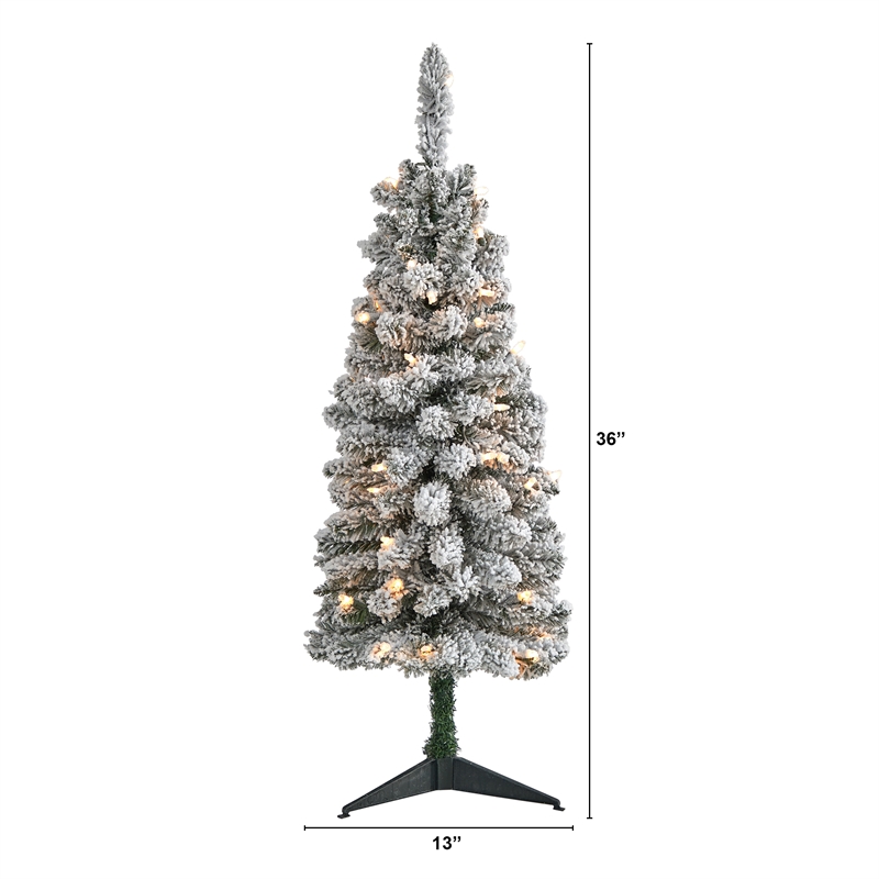 Nearly Natural 3ft Flocked Pencil Christmas Tree with 50 Clear Lights in White